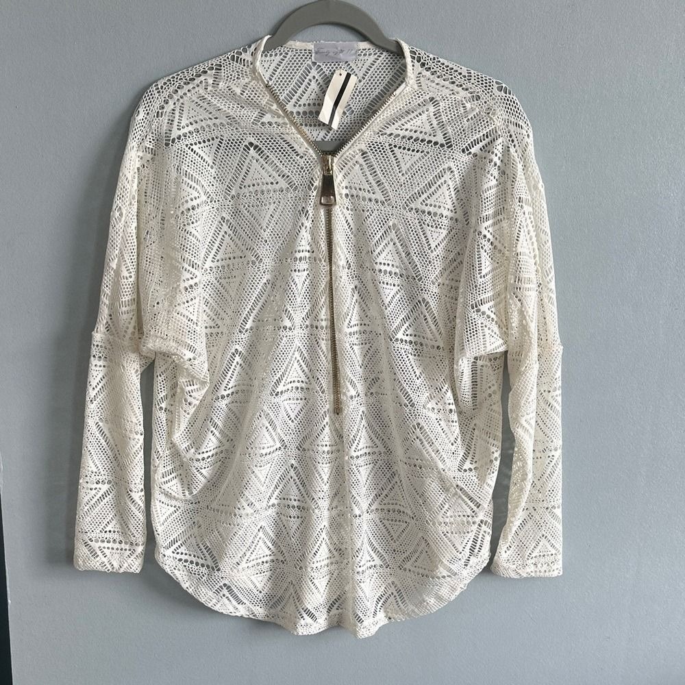 Twenty Eight 77 Womens Lace Blouse Ivory Geometric Zip Front Small - Picture 2 of 4